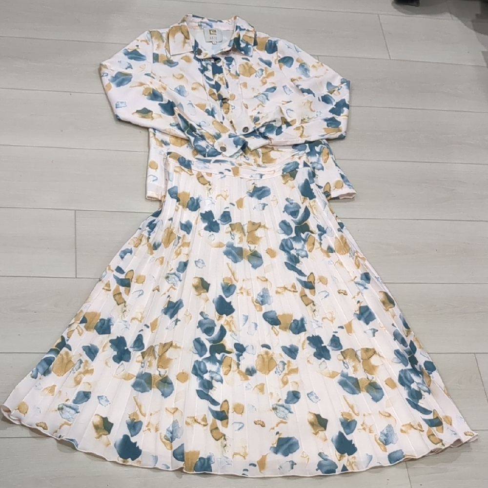 Chic Long Sleeve Floral Skirt Set Retro XS